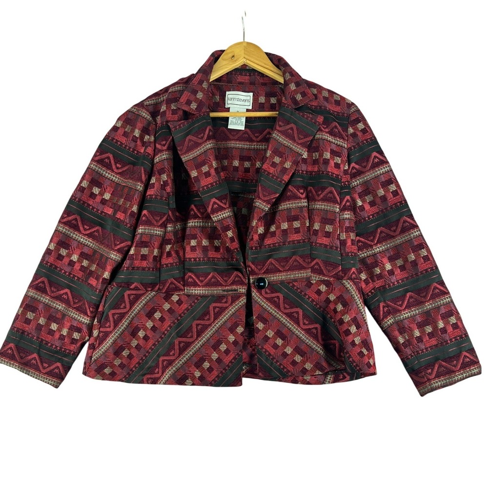 Vintage Boho Burgundy Geometric Tapestry Peplum Blazer Karin Stevens Jacket 14